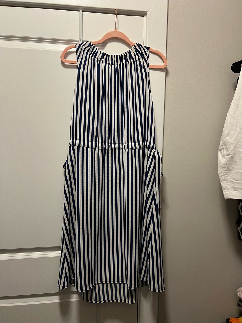 Striped Navy and White Sleeveless Midi Dress